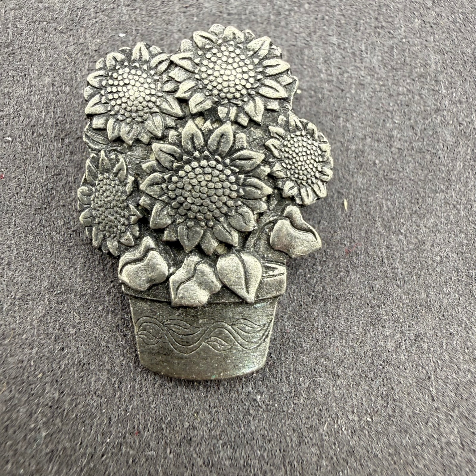 Vintage Birds & Blooms Sunflower Pot Brooch Pin Pewter Limited Edition 2006